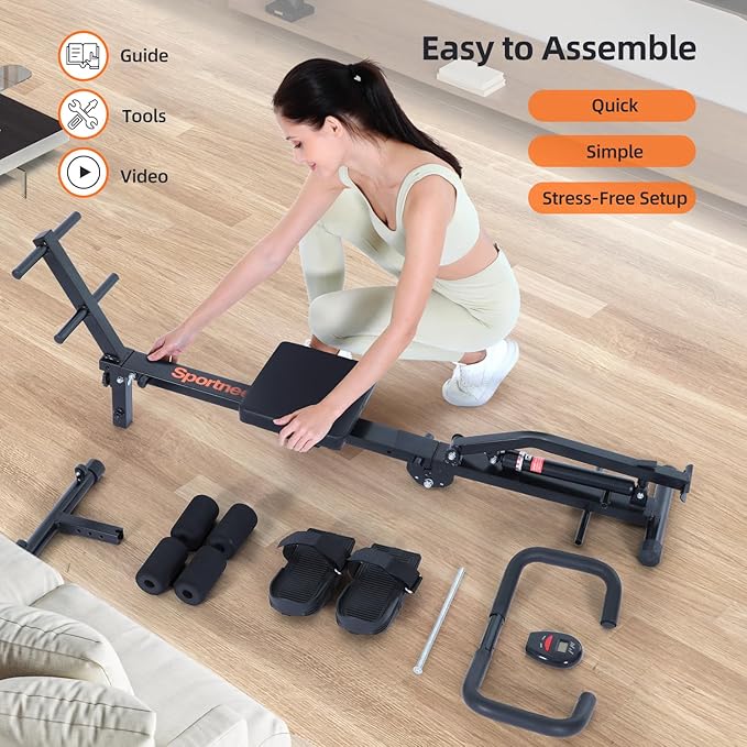 Sportneer Rower Machine for Home Foldable Hydraulic Rowing Machine with 12-Level Resistance - Multi Functional Row Machine Equipped with Caster and Backrest, 297lbs Maximum Load Rower Machines