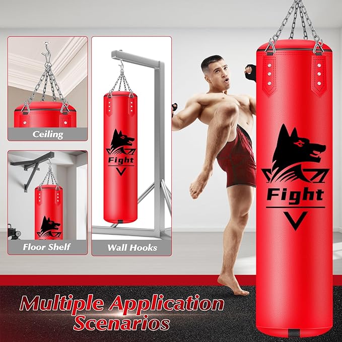 4FT Hanging Punching Bag for Adults, Super PU Leather Boxing Training Equipment Heavy Bag with 12OZ MMA Gloves, Unfilled Kicking Bag Boxing Set for Training Karate Kickboxing Muay Thai