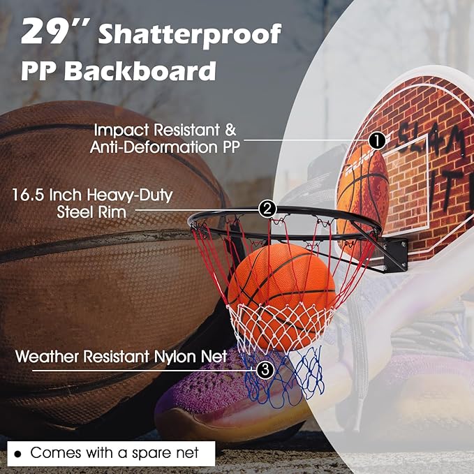 Goplus 29" x 20" Basketball Hoop Wall Mounted Portable Basketball Backboard Indoor Outdoor Sports Suitable for Adults and Kids Play