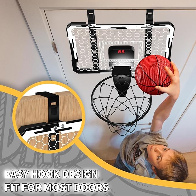 QDRAGON Indoor Basketball Hoop for Kids, Over The Door Mini Basketball Hoops with 7 LED Lighting, Basketball Toys Gifts for 5 6 7 8 9 10 11 12 Year Old Boys Girls Teens, White