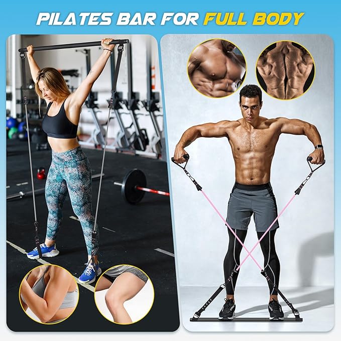 Pilates Bar Kit with Resistance Bands, Multifunctional Yoga Pilates Bar with Heavy-Duty Metal Adjustment Buckle, Portable Home Gym Pilates Resistance Bar Kit for Women Full Body Workouts