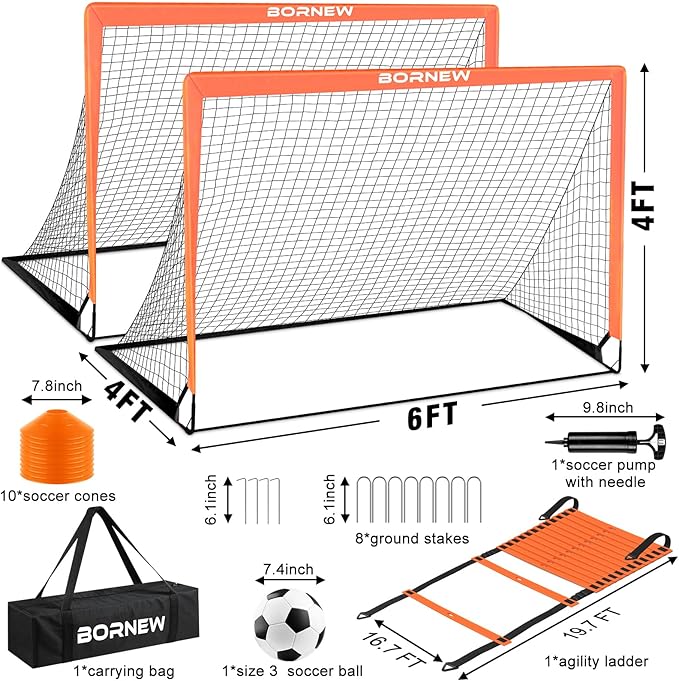 Kids Soccer Goal for Backyard Set - 2 Set of 6X4 FT Toddler Soccer Nets with 20ft Agility Ladder, Soccer Ball, Pop Up Portable Soccer Set for Kids and Youth Game and Training Goals Ages 3-16 Gift