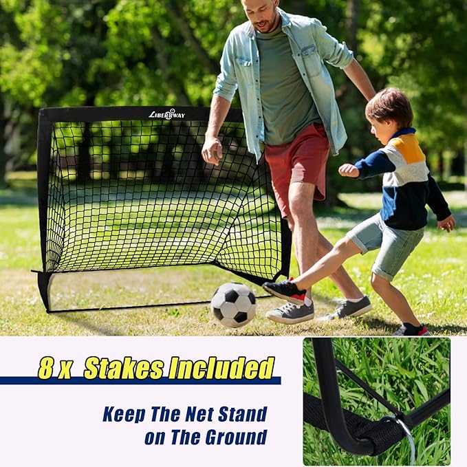 LIBERRWAY Soccer Goal 4'x 3' Portable Kids Soccer Goals for Backyard or Indoor Pop Up Soccer Net with 6 Training Cones, Carrying Bag, 8 Ground Stakes
