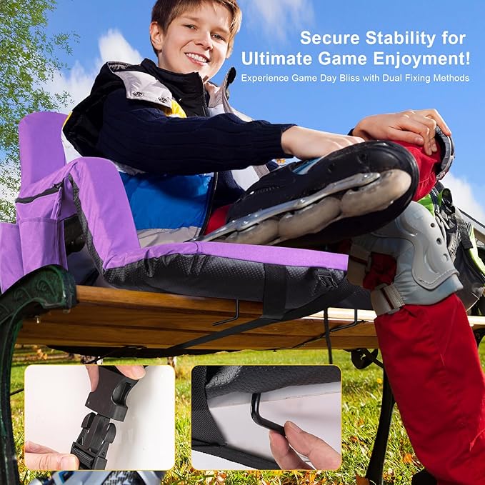 Stadium Seats with Back Support Wide, Exclusive Bleacher Chairs with Back and Cushion Folding Stadium Chairs, 6 Reclining Positions Waterproof Bleacher Seats with 2Hooks (Wide|22.5" Purple)