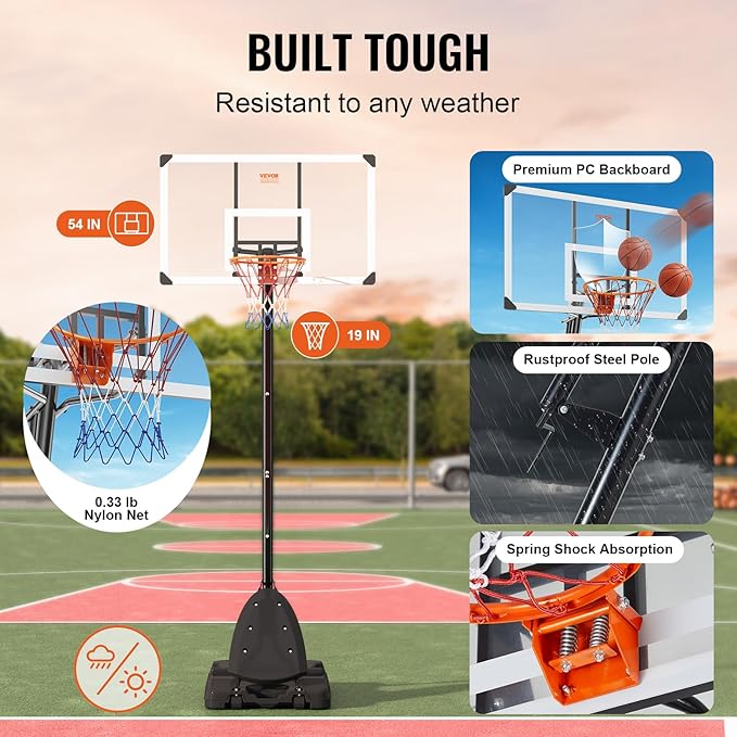 VEVOR Basketball Hoop/Rim, Adjustable Height Portable Backboard Court, Basketball Goal, Mobile Stand with Wheels Weighted Base, Youth&Adults, Outdoor/Indoor