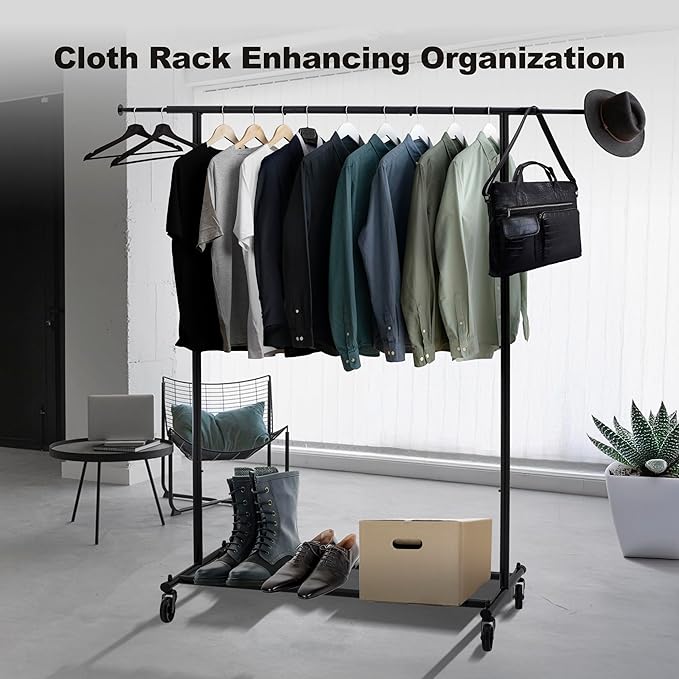 ikloo Heavy Duty Clothes Rack with Wheels load 130 LBS, Metal Rolling Clothing Rack with Extendable Rod & Bottom Shelf, Portable Closet Organizer, Storage for Hanging Clothes, Black
