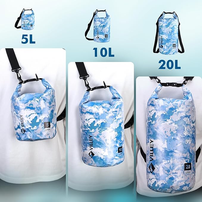 VILLEY Dry Bag Waterproof 10L Roll Top Sack Keeps Gear Dry Lightweight Sack for Kayaking Boating Camping Swimming and Beach Adventures Blue Camo