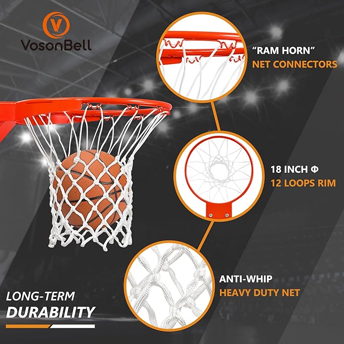 Basketball Rim Replacement, Heavy Duty Breakaway Rim and Net, Universal 18" Professional Double-Spring Solid Steel Backboard Rims Fits In-Ground and Wall-Mounted Basketball Hoops Indoor Outdoor