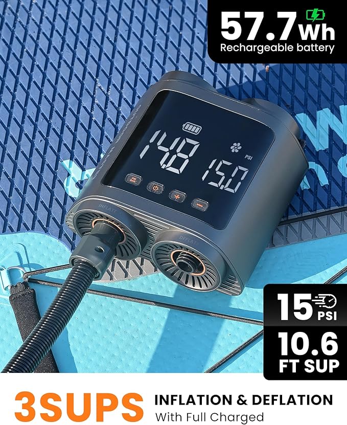 OutdoorMaster Vortex Pro 57.7Wh Rechargeable Paddle Board Pump Portable, Electric SUP Pump Battery for 3 SUPs Inflation & Deflation, Max 20PSI 12V/15.8V DC & Type-C Input, 8 Nozzles for Inflatables