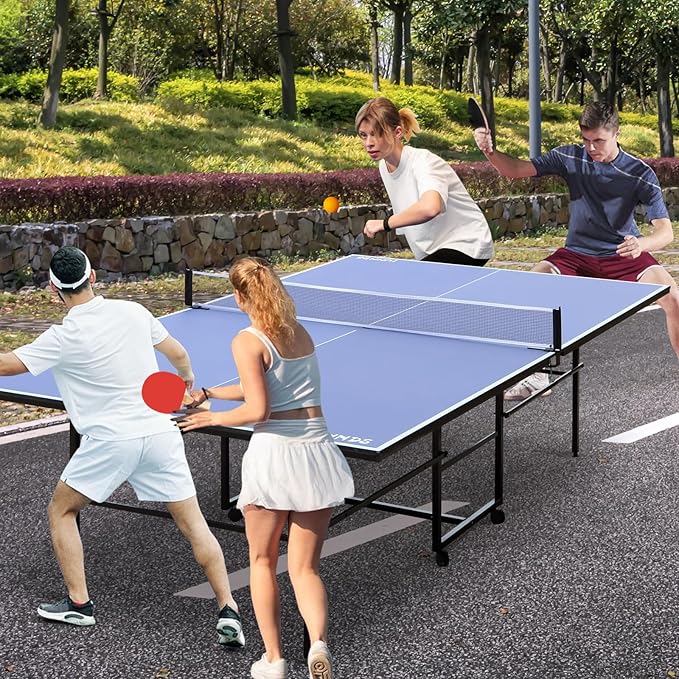 8ft/9ft Mid-Size Table Tennis Table Foldable & Portable Ping Pong Table Set for Indoor Games with Net, 2 Table Tennis Paddles and 3 Balls