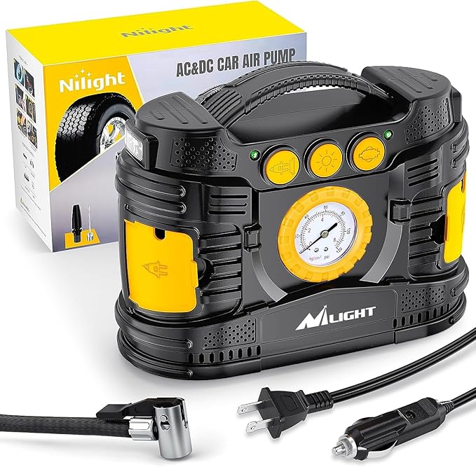 Nilight Tire Inflator Portable Air Compressor Dual Power Car 12V DC Home 110V AC Pump w/Analog Pressure Gauge Fast Inflate Auto Shutoff for Cars SUV Motorcycle Bicycle