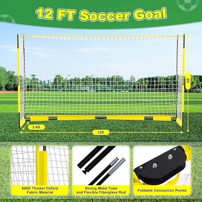 Collapsible Soccer Goal, 12×6 ft /6×4 ft Portable Soccer Goal Net for Backyard, Quick Setup Soccer Goals with 1 Carry Bag, 1 Agility Ladder, 4 Ground Nails,12 Training Cones