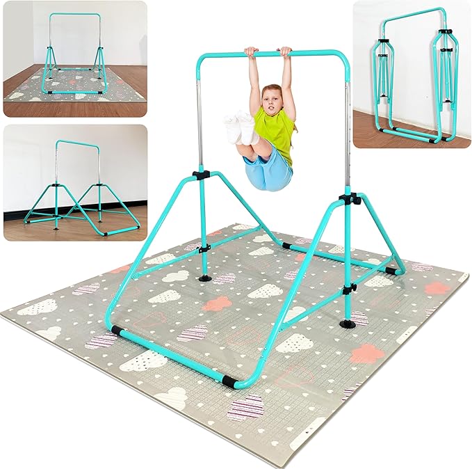 MARFULA Foldable Gymnastic Bar for Kids Ages 3-9, 9 Height Levels, 200 lbs Weight Capacity, 5 Ft Length Gymnastic Kip Bar with Mat, Gymnastic Equipment for Home and Gym Center Indoor Outdoor Use