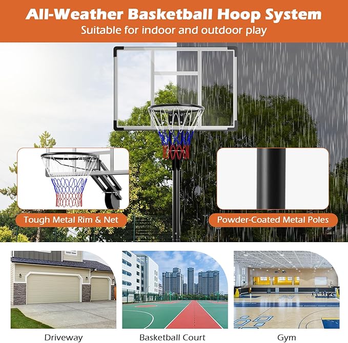 GYMAX Basketball Hoop Outdoor, 4.9-10 FT Quick Adjustable Basketball Hoop with Shatterproof Backboard, Fillable Base & Weight Bag, Basketball Goal for Kids Teens Adults