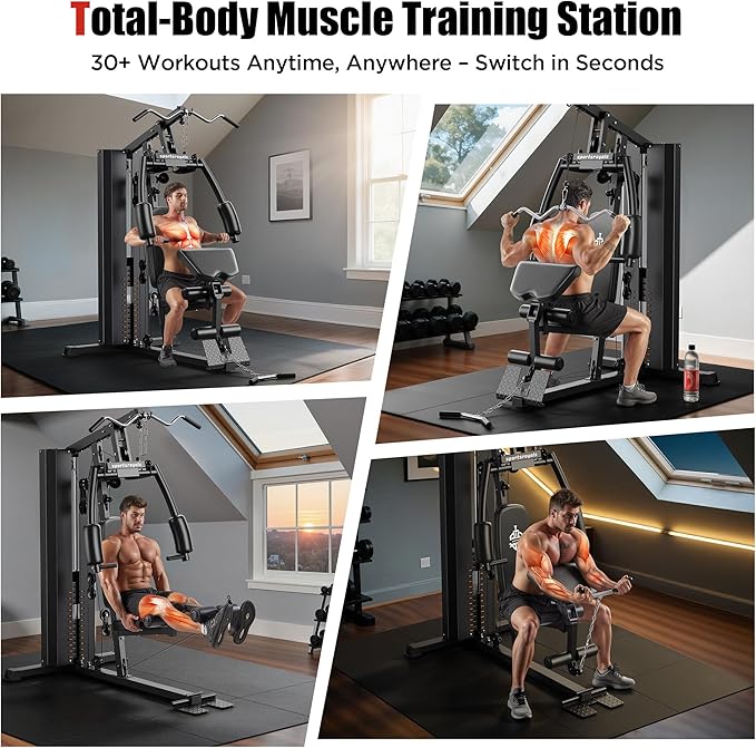 Sportsroyals Home Gym, Multifunctional Home Gym Equipment, Workout Station with 154LBS Weight Stack, Exercise Equipment for Full Body Traning with Pulley System