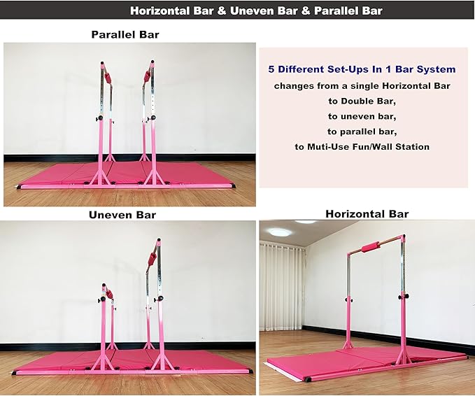 MARFULA Gymnastics Double Horizontal Bars 3Play Parallel Bars Uneven Bars Gymnastics Training Kip Bar with 304 Stainless Steel Regulating Arms & Fiberglass Rail for Indoor Outdoor Home Club Use