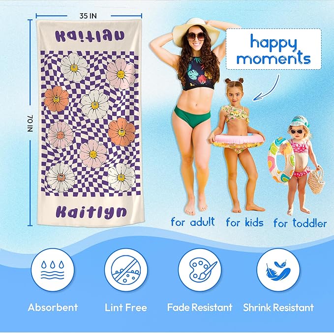 JML Personalized Beach Towel with Name, Custom Flower Beach Towel, Customized Microfiber Pool Towel, Quick Dry & Absorbent Swim Towel for Adult,Anniversary, Birthday, Summer Holiday,Vacation