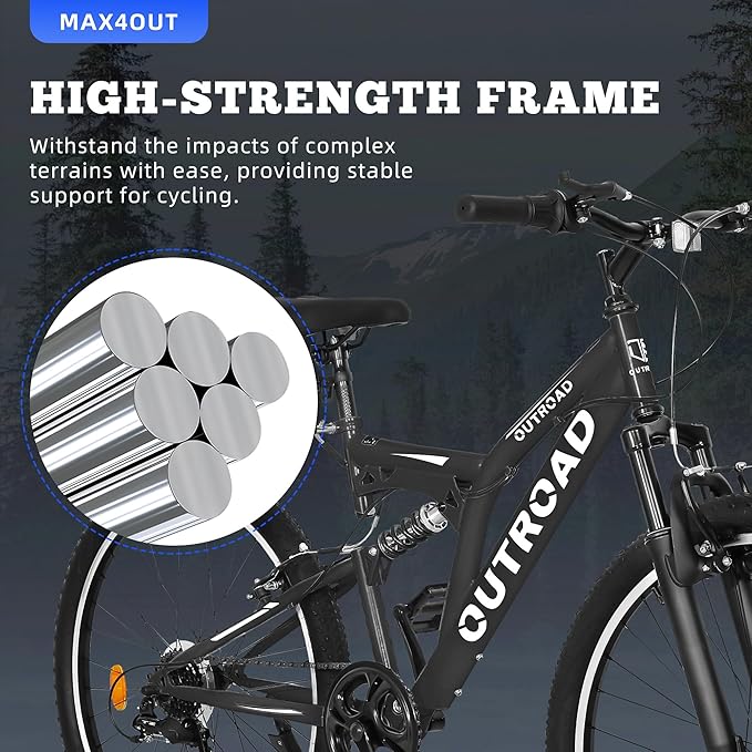 26 inch Mountain Bike, Outdoor Hybrid Bikes,7-Speed/High-Carbon Steel/Dual Full Suspension, for Men Women Adult, MTB Bicycle with Suspension Fork,Sleek Colors