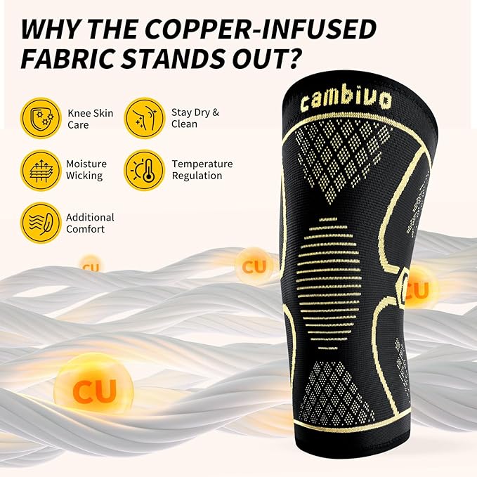 CAMBIVO Copper Knee Braces for Men and Women (2 pack) -Knee Supports Copper Compression Knee Sleeve for Knee Pain, Arthritis, Sports and Recovery Support (Large