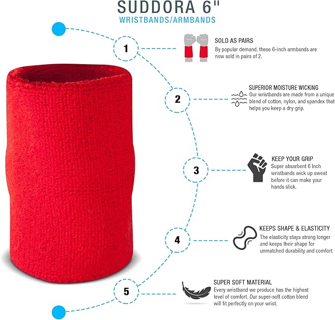 Suddora 6" Doublewide Wrist Bands/Armbands (Pair) - Thick Sweatbands for Basketball, Tennis, Baseball, Gym