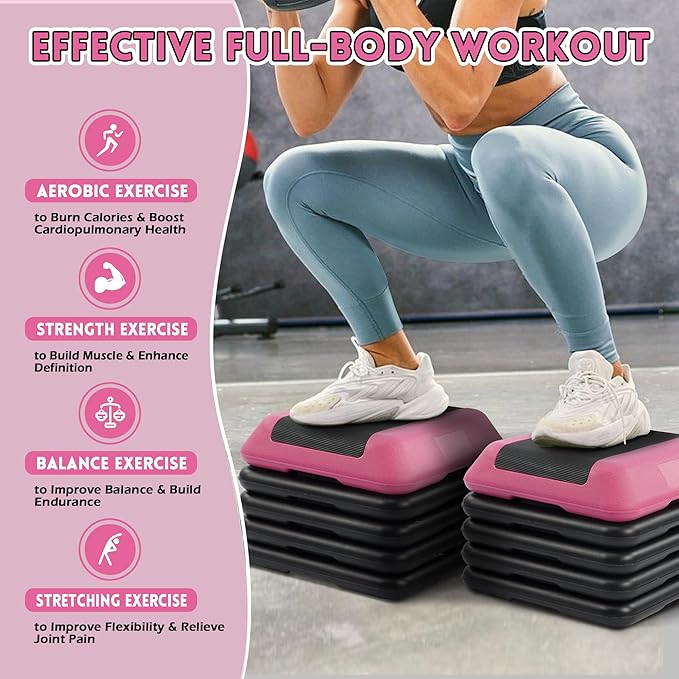Fitvids Step Aerobic Platform, Exercise Step with 5 levels Adjustable Height, 4 Stackable Risers, Fitness Training Workout Stepper for Home Gym, Cardio Strength, Multiple Options