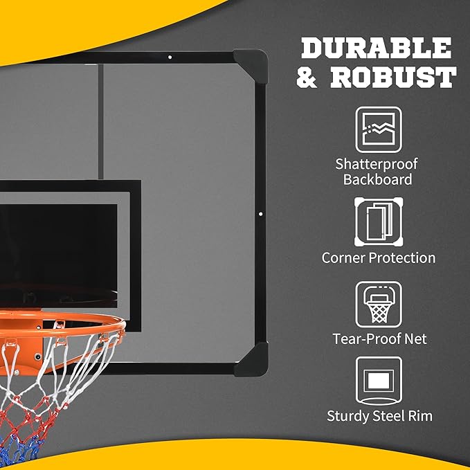 Soozier Wall Mounted Basketball Hoop with 45" x 29" Shatter Proof Backboard, Durable Rim and All-Weather Net for Indoor and Outdoor Use