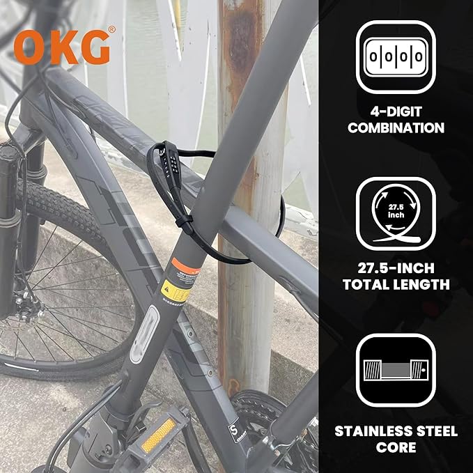 OKG 4-Digit Combination Zip Tie Lock - 2.3 Foot Extended Stainless Steel Adjustable Cable Lock with Anti-Scratch Protection- Secure Bikes, Helmets, Skis, Kayak, Luggage, and Fence Gate Doors (Black)