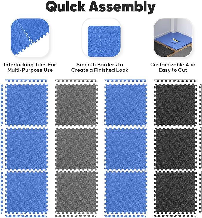Home Gym Mat, Puzzle Exercise Mat, EVA Interlocking Foam Floor Tiles for Home Workout Equipment and Kids' Play Areas - Grey, 24 in x 24 in x ½ in - 16 Tiles (Grey, 16 Pack, 64 SQ FT)