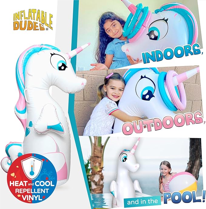 INFLATABLE DUDES Unicorn Toy 47 Inches- Kids Punching Bag| Already Filled with Sand | Bop Bag | Unicorn Ring Toss with 3 Inflatable Rings| | Unicorn Party Decorations| Punching Bag for Kids (Unique)