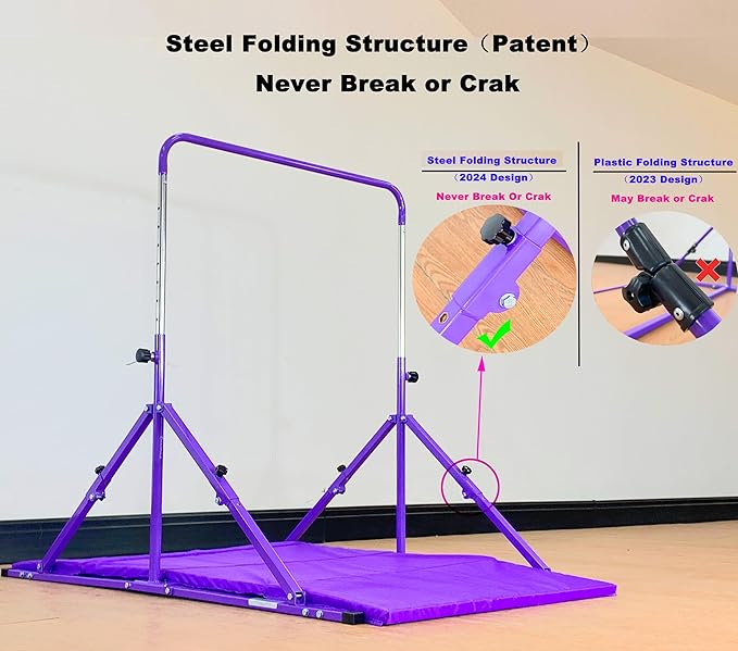 MARFULA Foldable Gymnastic Bar for Kids Ages 3-12, 9 Height Levels, 200 lbs Weight Capacity, 5 Ft Length Gymnastic Kip Bar with Mat, Gymnastic Equipment for Home and Gym Center Indoor Outdoor Use