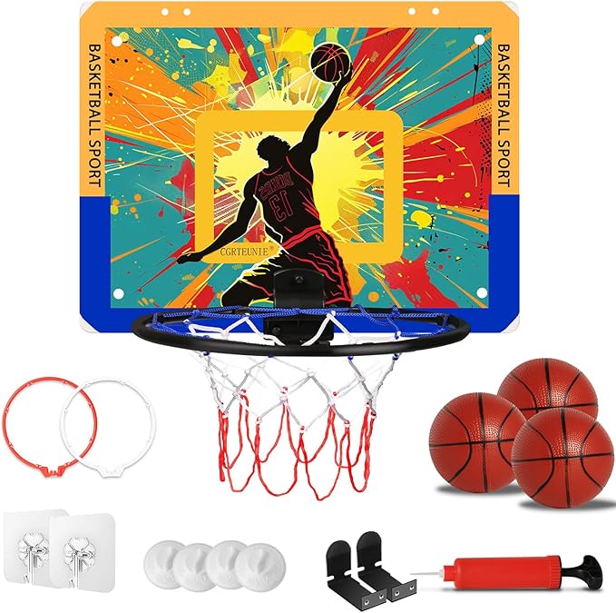 Silent Indoor Mini Basketball Hoop - Large Backboard with 3 Mounting Options, 3 Rims, 3 Balls & Pump