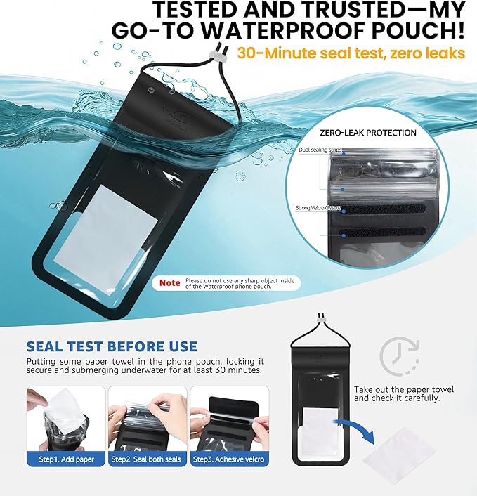 HiRui Universal Waterproof Phone Pouch with Touch Screen, IP68 Waterproof Phone Case Dry Bag for Beach, Compatible with iPhone 16/Pro/Plus/Max/15/14, Galaxy S24+/25+, Fits up to 6.9" (Black, X-Large)