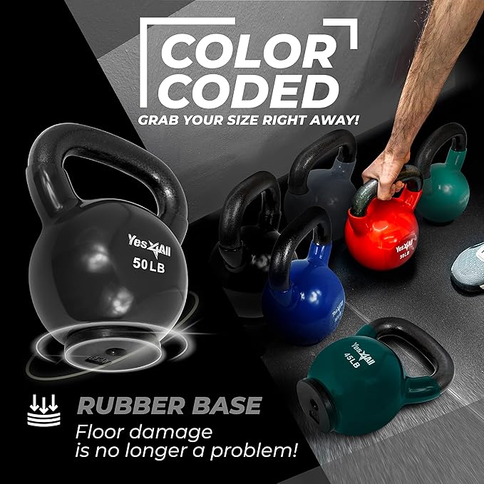 Yes4All Kettlebells Rubber Base, Kettlebell Set for Women, Strength Training Kettlebells Weights (10-65 lbs)