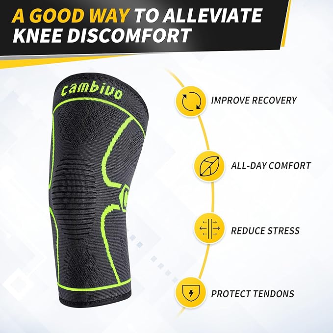 CAMBIVO 2 Pack Knee Brace, Knee Compression Sleeve for Men and Women, Knee Support for Running, Workout, Gym, Hiking, Sports (Green,Medium)
