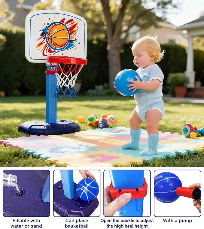 Toddler Basketball Hoop Set,Adjustable Kids Basketball Goal with 3 Balls & 2 nets & Pump,Indoor Outdoor Poolside Mini Hoop Toy for Boys Girls Ages 1-6 Birthday