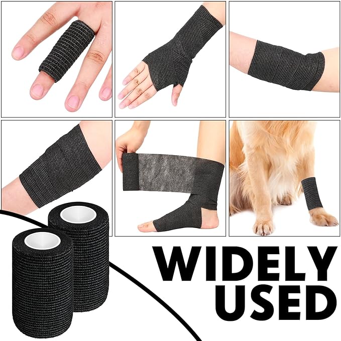 Treela 64 Pack 3" x 5 Yards Self Adhesive Cohesive Bandage Wraps, Elastic Breathable Athletic Tape, Flexible Self Adherent Bandage Rolls for Wrist, Ankle, Fingers, Sports & Pets (Black)