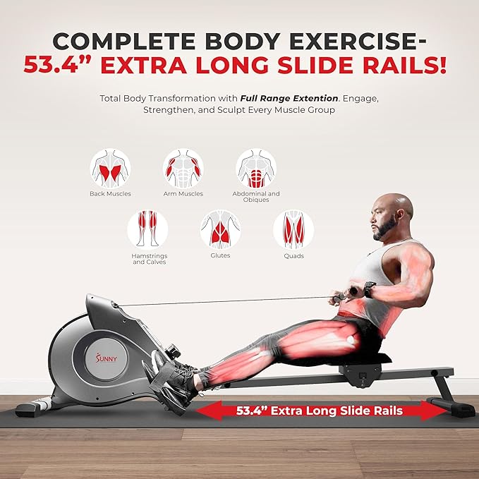 Sunny Health & Fitness Flip & Foldable Rowing Machine for Home w/Extended Slide Rail, Full-Body Workout, Low-Impact, Optional Extra Long Rail, Quiet Rail Cover, Water Motion and Free SunnyFit App