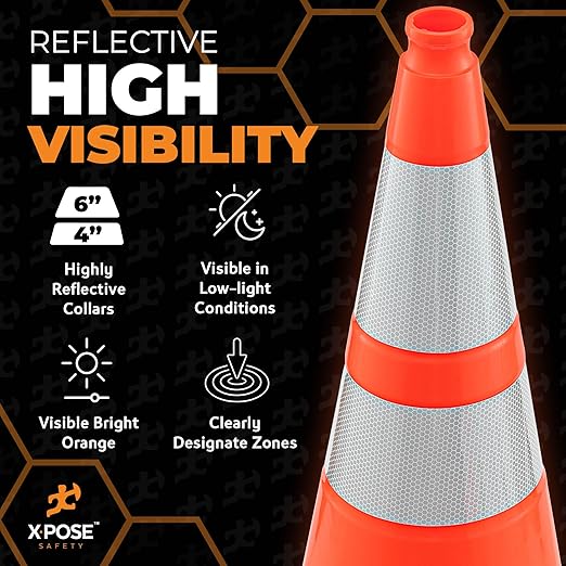 Xpose Safety 28 Inch Orange Traffic Cones with 6" & 4" Collars, 48-Pack - Multipurpose PVC Plastic Safety Cone for Parking, Soccer, Caution, Kids and Construction - DOT Approved