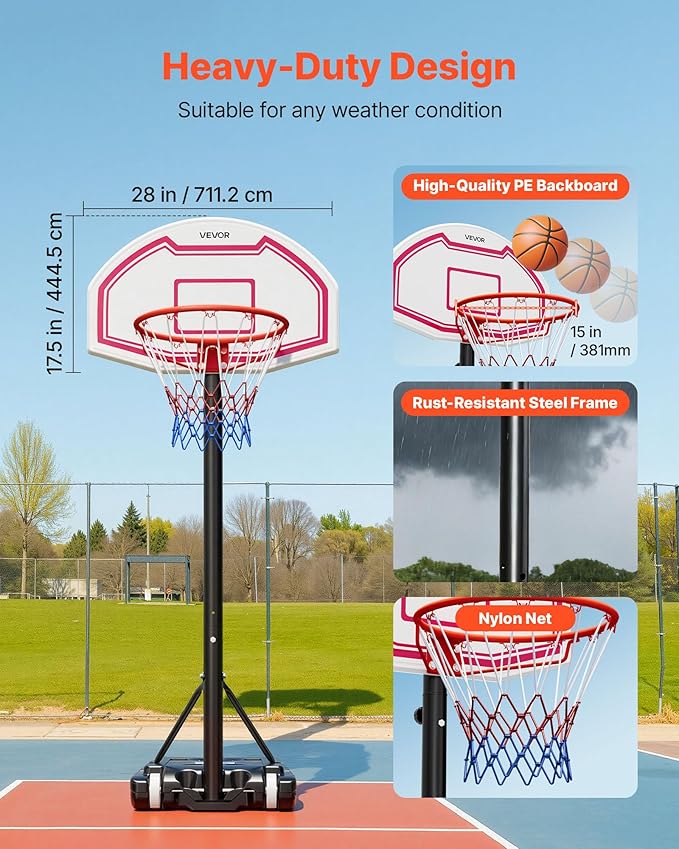 VEVOR Basketball Hoop/Rim, Adjustable Height Portable Backboard Court, Basketball Goal, Mobile Stand with Wheels Weighted Base, Youth&Adults, Outdoor/Indoor