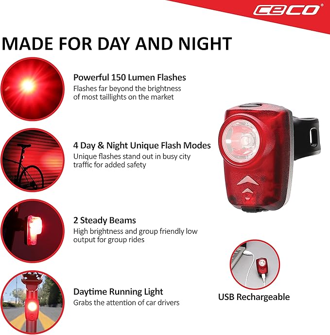 CECO-USA: 150 Lumen Super Bright USB Rechargeable Bike Tail Light - IP67 Waterproof, FL-1 Impact Resistant - Pro Grade Quality Bike Tail Light - Red Bicycle Back Light