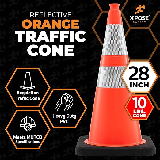 Xpose Safety 28 Inch Orange Traffic Cones Heavy Duty 10lb with 6" & 4" Collars, 6 Pack - Multipurpose PVC Plastic Safety Cone for Parking, Soccer, Caution, Kids and Construction - DOT Approved