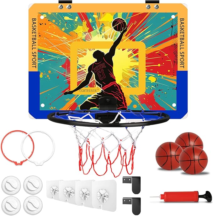 Silent Indoor Mini Basketball Hoop - Large Backboard with 3 Mounting Options, 3 Rims, 3 Balls & Pump