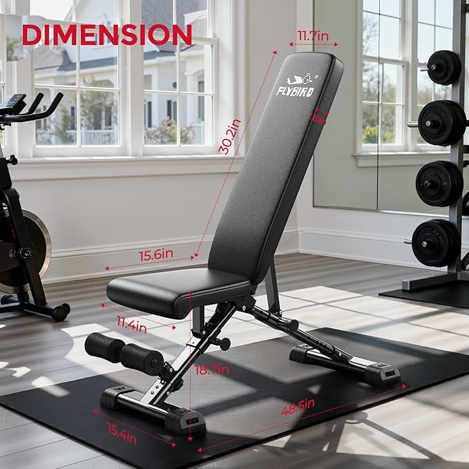 FLYBIRD Adjustable Weight Bench, ASTM-Certified 800LBS Workout Bench Foldable for Home Gym, 90° to -30° FID and 30in Extended Backrest for Bench Press Strength Training Exercise