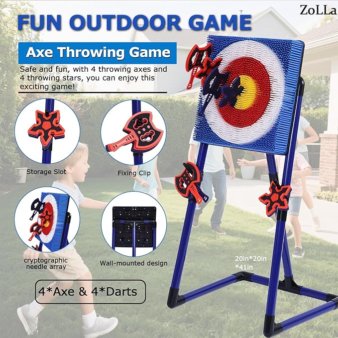 ZoLLa Axe Throwing Game for Backyard-with 4 Plastic Axes & 4 Throwing Stars,Outdoor Games for Kids and Family,Yard Games