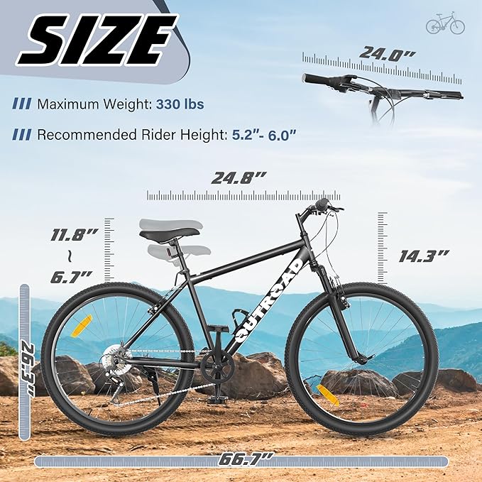 Betterland 26 Inch Mountain Bike, 7-Speed Adult Bike with Dual V Brakes, Outdoor Cycling Bike with High Carbon Steel Frame and Front Suspension, Adjustable Ergonomic Seat for Bicycle (X5 Black)