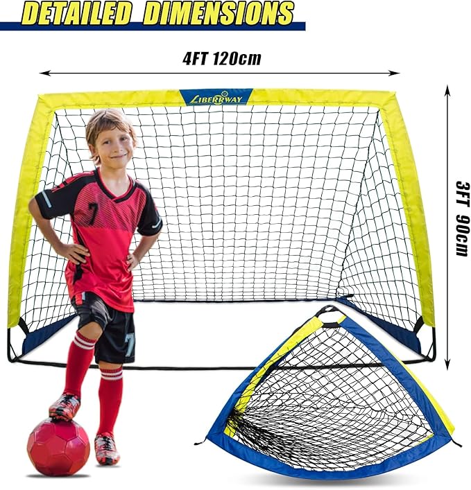 LIBERRWAY Soccer Goal 4'x 3' Portable Kids Soccer Goals for Backyard or Indoor Pop Up Soccer Net with 6 Training Cones, Carrying Bag, 8 Ground Stakes
