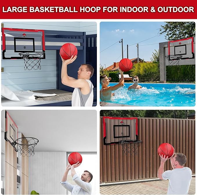 24" x 16" Large Basketball Hoop Indoor for Adults, Over The Door Basketball Hoop with Sturdy Backboard, Big Basketball Toys Gifts Ideas for Man Kids Teens Boys Girls, Red
