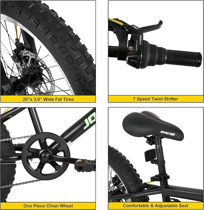 JOYSTAR 20 Inch Mountain Bike for Kids Ages 7-12 Year Old, 3-Inch Wide Knobby Tires, 7 Speed Shimano Drivetrain, Disc Brakes, Fat Tire Kids Bicycles for Boys Girls