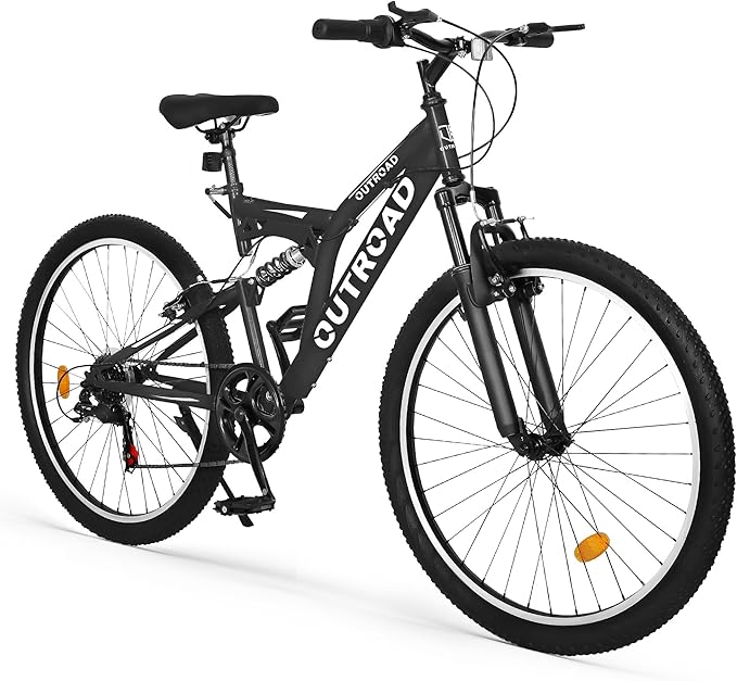 26 inch Mountain Bike, Outdoor Hybrid Bikes,7-Speed/High-Carbon Steel/Dual Full Suspension, for Men Women Adult, MTB Bicycle with Suspension Fork,Sleek Colors