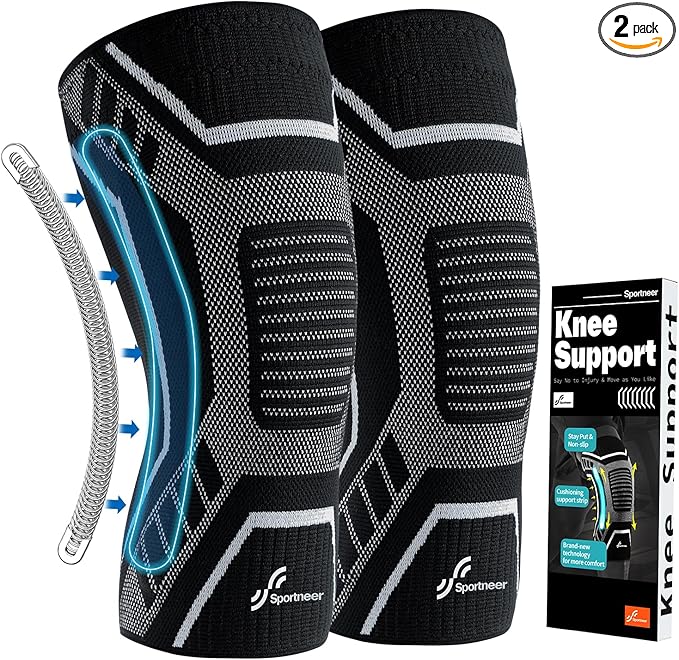Copper Knee Brace for Men & Women - Knee Compression Sleeve with Side Stabilizers - Knee Support for Running, Hiking, Working, Basketball, Volleyball, Gym, Meniscus Tear, ACL, Arthritis Knee Pain Relief, A Pair (Black-No Copper(a pair), Large(18"-20"))